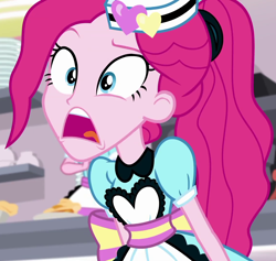 Size: 1136x1077 | Tagged: safe, screencap, character:pinkie pie, episode:five stars, g4, my little pony:equestria girls, apron, clothing, cropped, gasp, open mouth, server pinkie pie, shocked, shop