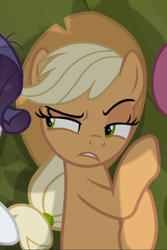 Size: 590x882 | Tagged: safe, screencap, character:mean applejack, species:pony, episode:the mean 6, g4, my little pony: friendship is magic, clone, cropped, lidded eyes, offscreen character, raised eyebrow, shadow, solo focus, whispering