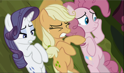 Size: 1593x940 | Tagged: safe, screencap, character:mean applejack, character:mean pinkie pie, character:mean rarity, species:pony, episode:the mean 6, g4, my little pony: friendship is magic, cheek squish, clone, cropped, lying down, squishy cheeks, trio