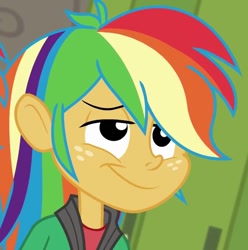 Size: 671x676 | Tagged: safe, screencap, character:snails, episode:best trends forever, g4, my little pony:equestria girls, best trends forever: rainbow dash, cropped, cyoa, male, rainbow wig, smiling