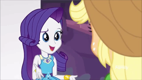 Size: 480x270 | Tagged: safe, screencap, character:applejack, character:rarity, character:sunset shimmer, equestria girls:rollercoaster of friendship, g4, my little pony:equestria girls, animated, blushing, cute, discovery family logo, geode of empathy, geode of shielding, geode of super strength, gif, magical geodes, shipping fuel