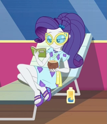 Size: 663x765 | Tagged: safe, screencap, character:rarity, equestria girls:spring breakdown, g4, my little pony:equestria girls, book, coconut, cropped, deck chair, feet, food, legs, new outfit, sandals, solar cream, solo, sunglasses, sunscreen