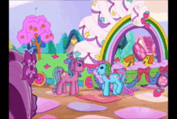 Size: 720x486 | Tagged: safe, screencap, character:pinkie pie (g3), character:puzzlemint, character:rainbow dash (g3), character:sweetberry, character:wysteria, species:earth pony, species:pony, episode:greetings from unicornia, episode:the princess promenade, g3, animated, darling, female, impersonating, mane flip, mare, sound, webm