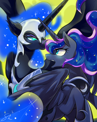 Size: 800x1000 | Tagged: safe, artist:sion-ara, character:nightmare moon, character:princess luna, species:alicorn, species:pony, duo, ear fluff, ethereal mane, female, galaxy mane, hoof shoes, lidded eyes, looking at each other, mare, rearing, scared, shocked, signature, slit eyes, spread wings, wings