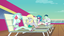 Size: 1920x1080 | Tagged: safe, screencap, character:derpy hooves, character:dj pon-3, character:lyra heartstrings, character:vinyl scratch, equestria girls:spring breakdown, g4, my little pony:equestria girls, belly button, bikini, clothing, feet, flip-flops, legs, midriff, sandals, swimsuit