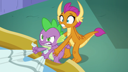 Size: 1920x1080 | Tagged: safe, screencap, character:smolder, character:spike, species:dragon, episode:father knows beast, g4, my little pony: friendship is magic, angry, bed, dragoness, female, male, winged spike