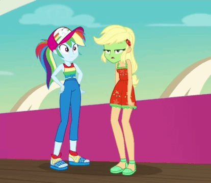 Size: 414x359 | Tagged: safe, screencap, character:applejack, character:rainbow dash, species:seagull, equestria girls:spring breakdown, g4, my little pony:equestria girls, animated, clothing, cruise, green face, pants, seasickness, sleeveless, tank top, vomit, vomiting