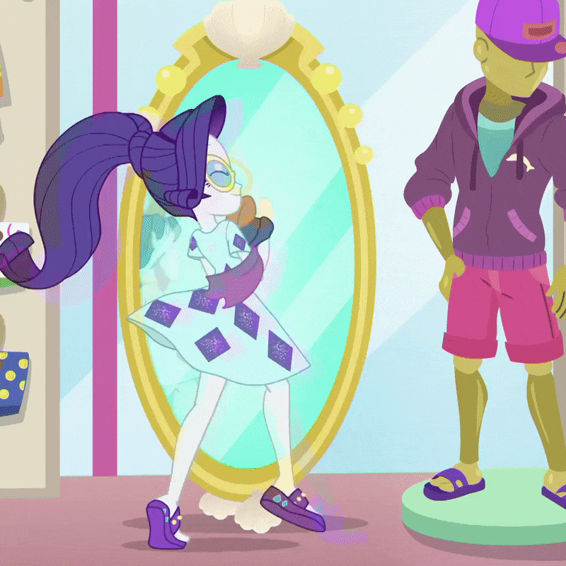 Size: 800x800 | Tagged: safe, screencap, character:rarity, equestria girls:spring breakdown, g4, my little pony:equestria girls, animated, clothing, cropped, cute, feet, gif, mannequin, mirror, rarara, raribetes, reflection, sandals, tiptoe