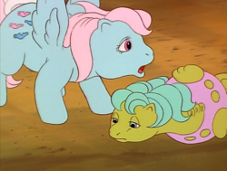 Size: 1425x1079 | Tagged: safe, screencap, character:wind whistler, species:pegasus, species:pony, episode:the magic coins, g1, my little pony 'n friends, baby sea ponies, drought, inner tube, sad, sea shimmer