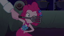 Size: 1920x1080 | Tagged: safe, screencap, character:pinkie pie, equestria girls:spring breakdown, g4, my little pony:equestria girls, chef, dark, geode of sugar bombs, imminent spanking, magical geodes, scared, spatula, table