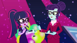 Size: 1280x720 | Tagged: safe, screencap, character:rosette nebula, character:twilight sparkle, character:twilight sparkle (scitwi), species:eqg human, episode:twilight under the stars, g4, my little pony:equestria girls, atomic chocolate cake, cake, chocolate cake, food, glasses, hair bun, ponytail