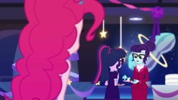 Size: 1280x720 | Tagged: safe, screencap, character:pinkie pie, character:rosette nebula, character:twilight sparkle, character:twilight sparkle (scitwi), species:eqg human, episode:twilight under the stars, g4, my little pony:equestria girls, atomic chocolate cake, cake, female, food