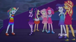 Size: 1309x726 | Tagged: safe, screencap, character:applejack, character:fluttershy, character:pinkie pie, character:rainbow dash, character:rarity, character:sunset shimmer, character:twilight sparkle, character:twilight sparkle (scitwi), species:eqg human, equestria girls:spring breakdown, g4, my little pony:equestria girls, crossed arms, humane five, humane seven, humane six, raised arm, sleeveless