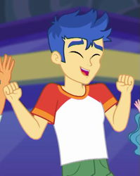 Size: 525x661 | Tagged: safe, screencap, character:flash sentry, equestria girls:spring breakdown, g4, my little pony:equestria girls, arms, clothing, cropped, dancing, eyes closed, male, smiling