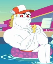 Size: 689x832 | Tagged: safe, screencap, character:bulk biceps, character:paisley, equestria girls:spring breakdown, g4, my little pony:equestria girls, cap, clothing, cropped, hat, inner tube, legs, male, muscles, offscreen character, partial nudity, rubber duck, topless, unamused, vein