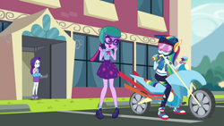 Size: 1920x1080 | Tagged: safe, screencap, character:rainbow dash, character:rarity, character:twilight sparkle, character:twilight sparkle (scitwi), species:eqg human, episode:fomo, g4, my little pony:equestria girls, canterlot high, clothing, converse, geode of shielding, geode of telekinesis, glasses, helmet, high heels, legs, magical geodes, motorcycle, pants, ponytail, shoes, skirt, sneakers, visor