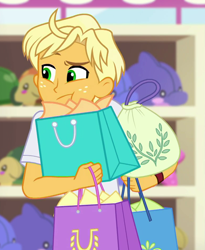 Size: 776x945 | Tagged: safe, screencap, character:ragamuffin, equestria girls:spring breakdown, g4, my little pony:equestria girls, arms, clothing, cropped, cute, embarrassed, freckles, male, puffy cheeks, ragabetes, ragamuffin (equestria girls), shopping bags