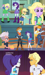 Size: 1280x2124 | Tagged: safe, screencap, character:applejack, character:ragamuffin, character:rarity, character:spike, character:twilight sparkle, species:dog, equestria girls:equestria girls, equestria girls:rollercoaster of friendship, equestria girls:spring breakdown, g4, my little pony:equestria girls, background human, disguise, female, geode of shielding, implied lesbian, implied rarijack, implied shipping, magical geodes, male, ragamuffin (equestria girls), spike the dog, tara strong, tex glitter, twilight strong