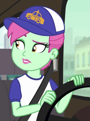 Size: 537x718 | Tagged: safe, screencap, episode:fomo, g4, my little pony:equestria girls, background human, cab callaway, clothing, cropped, female, hat, seatbelt, solo, steering wheel, taxi, taxi driver