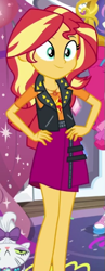 Size: 255x659 | Tagged: safe, screencap, character:opalescence, character:pinkie pie, character:sunset shimmer, episode:fomo, g4, my little pony:equestria girls, cat, clothing, cropped, female, geode of empathy, leather vest, legs, magical geodes, skirt, smiling