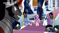 Size: 1920x1080 | Tagged: safe, screencap, character:king sombra, character:princess cadance, character:princess flurry heart, character:shining armor, species:alicorn, species:crystal pony, species:pony, species:unicorn, episode:the beginning of the end, g4, my little pony: friendship is magic, cage, dark crystal, discovery family logo, female, filly, foal, gag, male, mare, mind control, muzzle gag, sombra soldier, spear, stallion, weapon, you know for kids