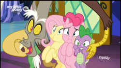Size: 3840x2160 | Tagged: safe, screencap, character:discord, character:fluttershy, character:pinkie pie, character:spike, species:draconequus, species:dragon, species:earth pony, species:pegasus, species:pony, episode:the beginning of the end, g4, my little pony: friendship is magic, cute, discute, female, male, mare, quartet, squished, squishy, squishy cheeks, winged spike