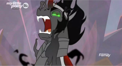 Size: 1279x692 | Tagged: safe, screencap, character:king sombra, species:pony, species:unicorn, episode:the beginning of the end, g4, my little pony: friendship is magic, all new, armor, discovery family logo, fangs, male, melting, open mouth, out of context, sharp teeth, solo, stallion, teeth, text, you know for kids
