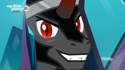 Size: 1920x1080 | Tagged: safe, screencap, character:king sombra, species:pony, species:unicorn, episode:the beginning of the end, g4, my little pony: friendship is magic, discovery family logo, evil grin, grin, here's johnny, looking at you, smiling