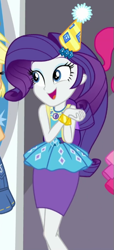 Size: 295x646 | Tagged: safe, screencap, character:applejack, character:pinkie pie, character:rarity, episode:fomo, g4, my little pony:equestria girls, bracelet, clothing, cropped, cute, dress, female, geode of shielding, happy, hat, jewelry, magical geodes, offscreen character, party hat, pencil skirt, rarara, raribetes, solo focus
