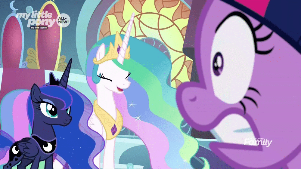 Size: 1000x562 | Tagged: safe, screencap, character:princess celestia, character:princess luna, character:twilight sparkle, character:twilight sparkle (alicorn), species:alicorn, species:pony, episode:the beginning of the end, g4, my little pony: friendship is magic, animated, discovery family logo, gif, hyperventilating, panic, throne, throne room, twilighting