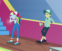Size: 696x580 | Tagged: safe, screencap, character:rainbow dash, equestria girls:spring breakdown, g4, my little pony:equestria girls, ankles, background human, cap, clothing, drink, feet, female, hat, male, mile hill, open-toed shoes, pants, shoes, socks, yelling