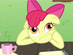 Size: 619x467 | Tagged: safe, screencap, character:apple bloom, episode:ponyville confidential, g4, my little pony: friendship is magic, coffee, thinking, thinking bloom