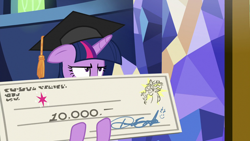 Size: 1920x1080 | Tagged: safe, screencap, character:discord, character:twilight sparkle, character:twilight sparkle (alicorn), species:alicorn, species:pony, episode:the beginning of the end, g4, my little pony: friendship is magic, check, clothing, giant check, graduation cap, hat, signature, written equestrian
