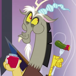 Size: 1080x1080 | Tagged: safe, screencap, character:discord, species:draconequus, episode:the beginning of the end, g4, my little pony: friendship is magic, cropped, eating, food, fork, jam, jar, male, pickle, solo