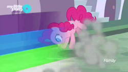 Size: 1366x768 | Tagged: safe, screencap, character:pinkie pie, character:rainbow dash, species:earth pony, species:pony, episode:the beginning of the end, g4, my little pony: friendship is magic, canterlot, discovery family logo, dizzy, dust cloud, female, mare, rainbow trail, speed trail, swirly eyes