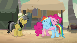Size: 1280x720 | Tagged: safe, screencap, character:daring do, character:pinkie pie, character:rainbow dash, species:pony, episode:daring done, butt touch, hoof on butt, hug