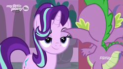 Size: 1781x1002 | Tagged: safe, screencap, character:spike, character:starlight glimmer, species:dragon, species:pony, species:unicorn, episode:the beginning of the end, g4, my little pony: friendship is magic, baby, baby dragon, claws, duo, faceless male, female, flying, lidded eyes, male, mare, raised eyebrow, smug, smuglight glimmer, spread wings, winged spike, wings