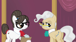 Size: 1280x720 | Tagged: safe, screencap, character:mayor mare, character:raven inkwell, species:earth pony, species:pony, episode:filli vanilli, g4, my little pony: friendship is magic, clipboard, female, glasses, lidded eyes, looking back, mare, plot
