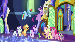 Size: 1920x1080 | Tagged: safe, screencap, character:applejack, character:discord, character:fluttershy, character:pinkie pie, character:rainbow dash, character:rarity, character:spike, character:starlight glimmer, character:twilight sparkle, character:twilight sparkle (alicorn), species:alicorn, species:draconequus, species:dragon, species:earth pony, species:pegasus, species:pony, species:unicorn, episode:the beginning of the end, g4, my little pony: friendship is magic, baby, baby dragon, begging, big eyes, crystal, cute, cute face, cutie map, dashabetes, diapinkes, door, duckface, female, flying, frown, grin, jackabetes, lidded eyes, looking down, looking up, male, mane seven, mane six, map of equestria, mare, open door, pleading, puppy dog eyes, raised eyebrow, raised leg, raribetes, shyabetes, smiling, spikabetes, spread wings, squee, twiabetes, twilight's castle, wide eyes, wings