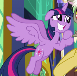 Size: 631x628 | Tagged: safe, screencap, character:discord, character:twilight sparkle, character:twilight sparkle (alicorn), species:alicorn, species:pony, episode:the beginning of the end, g4, my little pony: friendship is magic, cropped, cute, floppy ears, flying, hooves together, hopeful, offscreen character, pleading, puppy dog eyes, smiling, solo focus, spread wings, twiabetes, wings