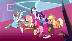 Size: 1920x1080 | Tagged: safe, screencap, character:applejack, character:discord, character:fluttershy, character:pinkie pie, character:rainbow dash, character:rarity, character:twilight sparkle, character:twilight sparkle (alicorn), species:alicorn, species:pony, episode:the beginning of the end, g4, my little pony: friendship is magic, animated, crying, devastation, discovery family logo, mane six, sound, webm