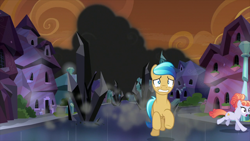 Size: 2100x1181 | Tagged: safe, screencap, character:amber laurel, species:crystal pony, species:pony, episode:the beginning of the end, g4, my little pony: friendship is magic, background pony, crystal, crystal empire, dark crystal, female, male, mare, orange sky, quantum leap (character), running away, scared, smole, stallion