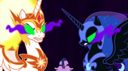 Size: 2000x1121 | Tagged: safe, screencap, character:daybreaker, character:nightmare moon, character:princess celestia, character:princess luna, character:twilight sparkle, character:twilight sparkle (alicorn), species:alicorn, species:pony, episode:the beginning of the end, g4, my little pony: friendship is magic, armor, black background, blank eyes, corrupted, ethereal mane, evil, female, floppy ears, galaxy mane, glowing eyes, green eyes, mane of fire, mare, possessed, simple background, sisters, sombra eyes