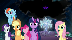 Size: 2000x1119 | Tagged: safe, screencap, character:applejack, character:fluttershy, character:king sombra, character:pinkie pie, character:rainbow dash, character:rarity, character:tree of harmony, character:twilight sparkle, character:twilight sparkle (alicorn), species:alicorn, species:earth pony, species:pegasus, species:pony, species:unicorn, episode:the beginning of the end, g4, my little pony: friendship is magic, cave, female, glowing eyes, impending doom, mane six, mare, smiling, smoke, tree of harmony