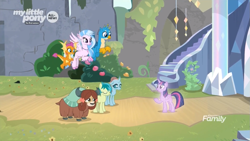 Size: 1085x610 | Tagged: safe, screencap, character:gallus, character:ocellus, character:sandbar, character:silverstream, character:smolder, character:tree of harmony, character:treelight sparkle, character:twilight sparkle, character:twilight sparkle (alicorn), character:yona, species:alicorn, species:changedling, species:changeling, species:classical hippogriff, species:dragon, species:earth pony, species:griffon, species:hippogriff, species:pony, species:reformed changeling, species:yak, episode:uprooted, g4, my little pony: friendship is magic, all new, bow, cloven hooves, colored hooves, discovery family logo, dragoness, female, flying, hair bow, jewelry, male, monkey swings, necklace, teenager, text, tree of harmony, treelight sparkle