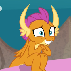Size: 1077x1077 | Tagged: safe, screencap, character:smolder, species:dragon, episode:uprooted, g4, my little pony: friendship is magic, cropped, cute, dragoness, embarrassed, female, grin, nervous, nervous grin, sheepish grin, smiling, smolderbetes, solo, teenager, we don't normally wear clothes