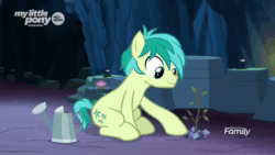 Size: 864x488 | Tagged: safe, screencap, character:sandbar, species:pony, episode:uprooted, g4, my little pony: friendship is magic, animated, animation error, annoyed, cute, earmuffs, headphones, no sound, offscreen character, plant, sandabetes, sapling, solo, startled, watering can, wavy mouth, webm