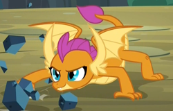Size: 1014x649 | Tagged: safe, screencap, character:smolder, species:dragon, episode:uprooted, g4, my little pony: friendship is magic, behaving like a lizard, claws, cropped, crouching, cute, dragoness, fangs, female, horns, raised tail, rock, slit eyes, smiling, smolderbetes, solo, spread wings, tail, toes, wings