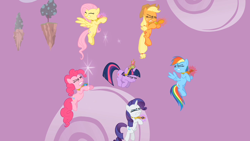 Size: 1280x720 | Tagged: safe, screencap, character:applejack, character:fluttershy, character:pinkie pie, character:rainbow dash, character:rarity, character:twilight sparkle, character:twilight sparkle (unicorn), species:earth pony, species:pegasus, species:pony, species:unicorn, episode:the return of harmony, g4, my little pony: friendship is magic, big crown thingy, chaos, element of generosity, element of honesty, element of kindness, element of laughter, element of loyalty, element of magic, elements of harmony, female, floating, floating island, jewelry, mane six, mare, purple sky, regalia, tree