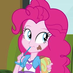 Size: 400x400 | Tagged: safe, screencap, character:pinkie pie, equestria girls:rainbow rocks, g4, my little pony:equestria girls, cropped, cup, cute, diapinkes, female, messy eating, milkshake, solo, straw